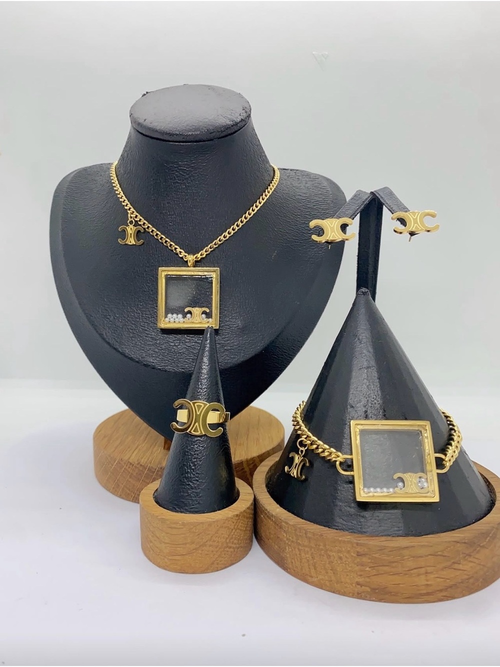 Fashion Jewelry Gold-tone Square Pendant Necklace & Matching Set
